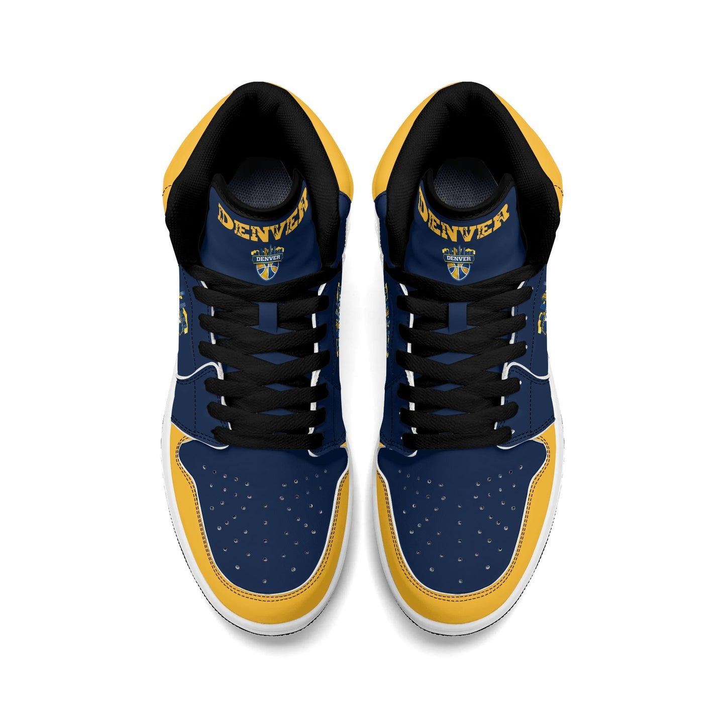 Denver basketball-inspired high top sneakers in navy with all-over city graphic printed upper