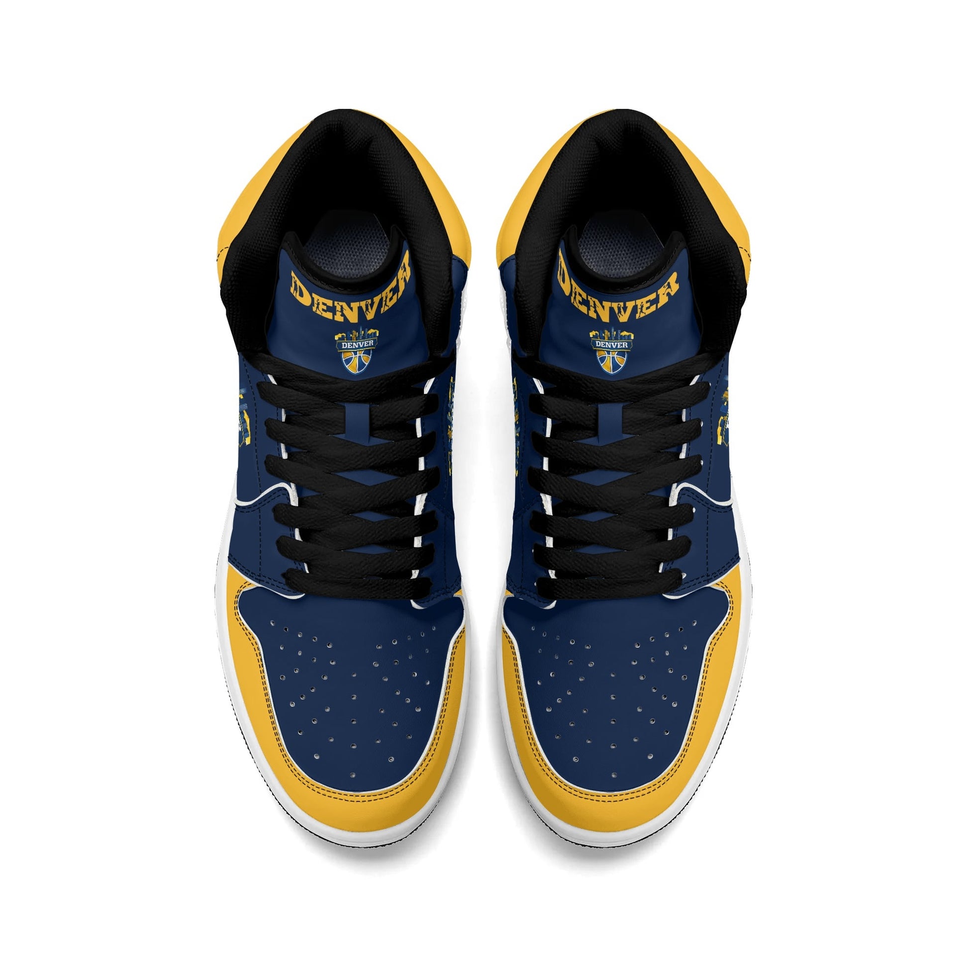Denver basketball-inspired high top sneakers in navy with all-over city graphic printed upper
