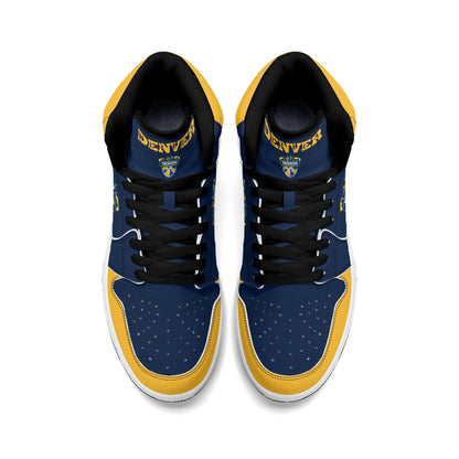Denver basketball-inspired high top sneakers in navy with all-over city graphic printed upper