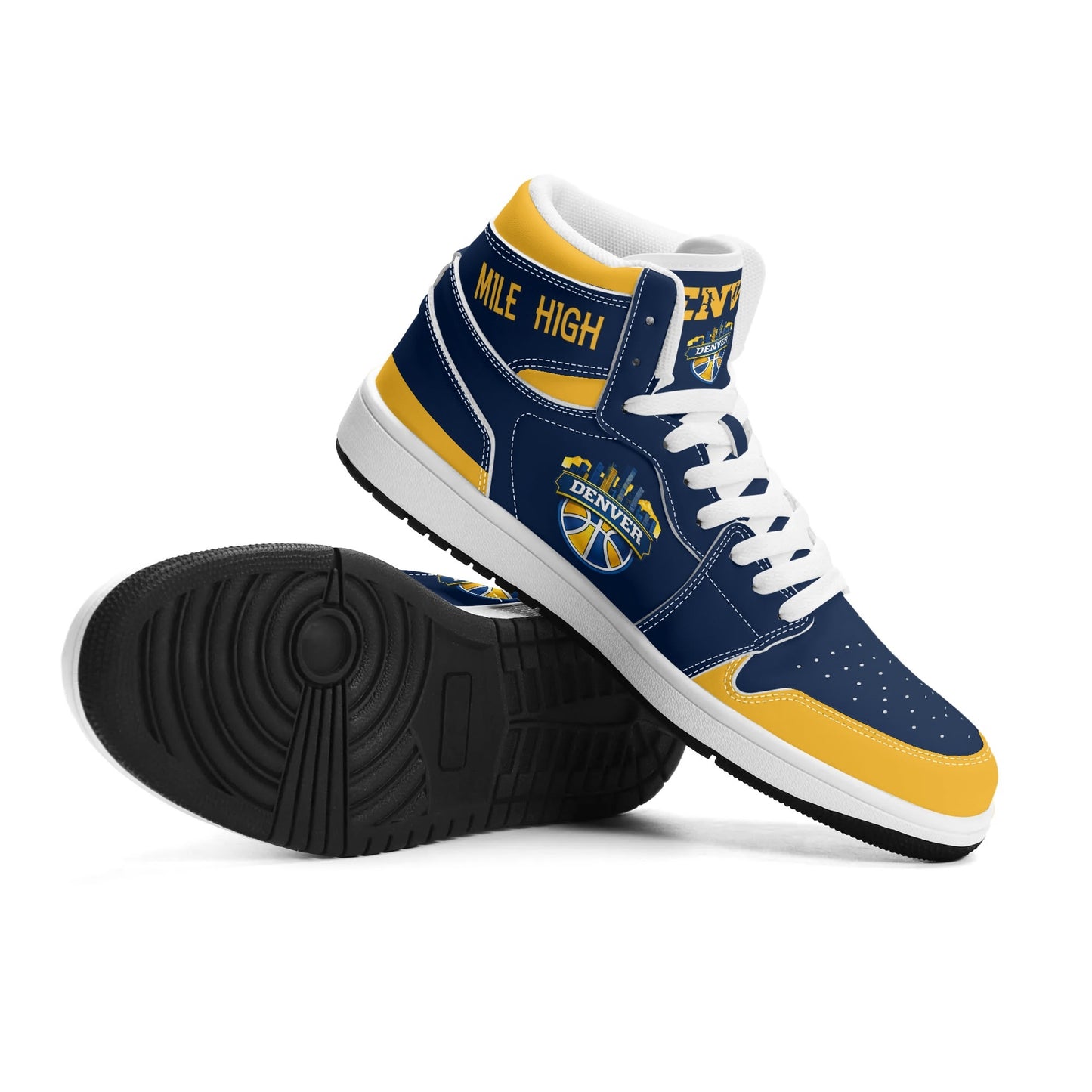 Denver basketball-inspired high top sneakers in navy with all-over city graphic printed upper