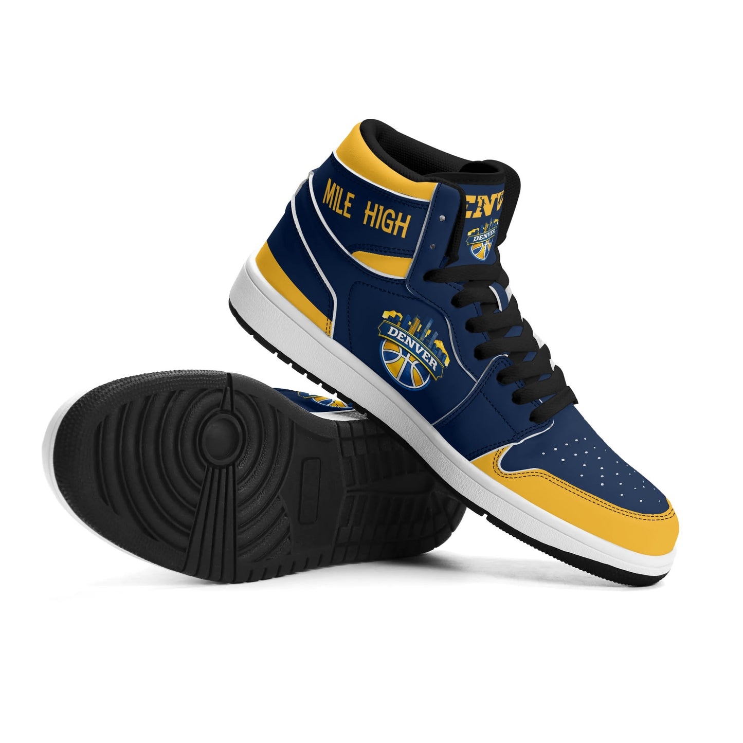Denver basketball-inspired high top sneakers in navy with all-over city graphic printed upper