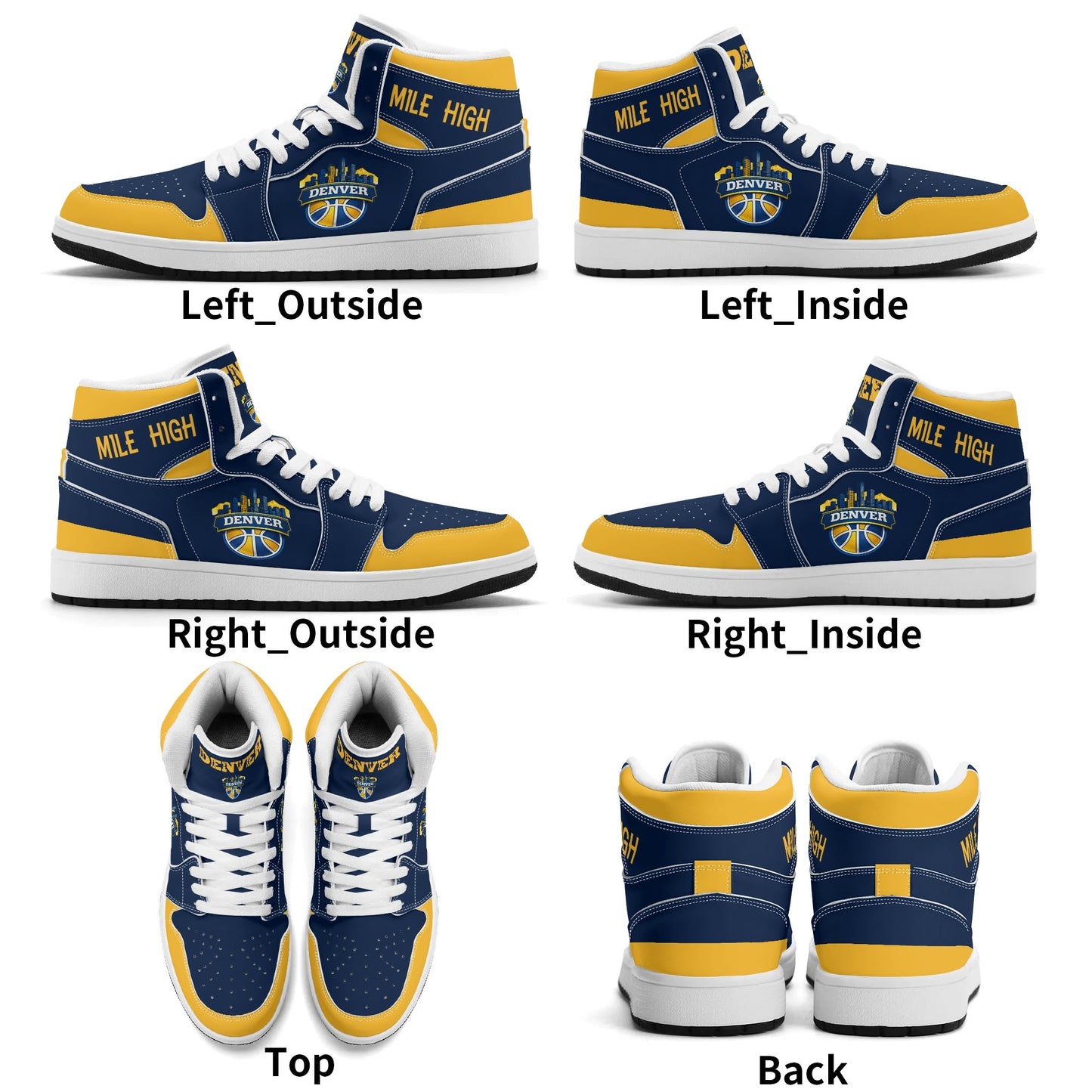 Denver basketball-inspired high top sneakers in navy with all-over city graphic printed upper