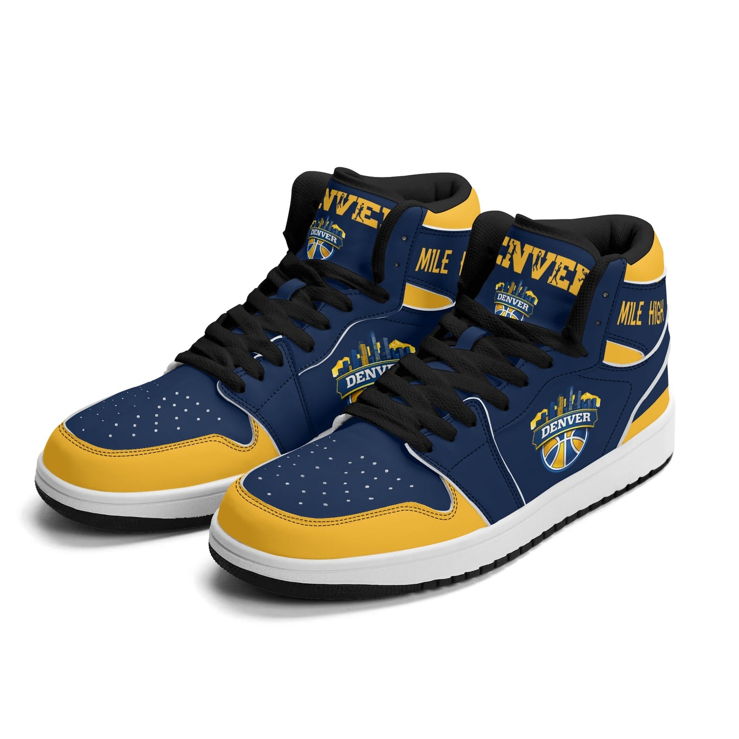 Denver basketball-inspired high top sneakers in navy with all-over city graphic printed upper