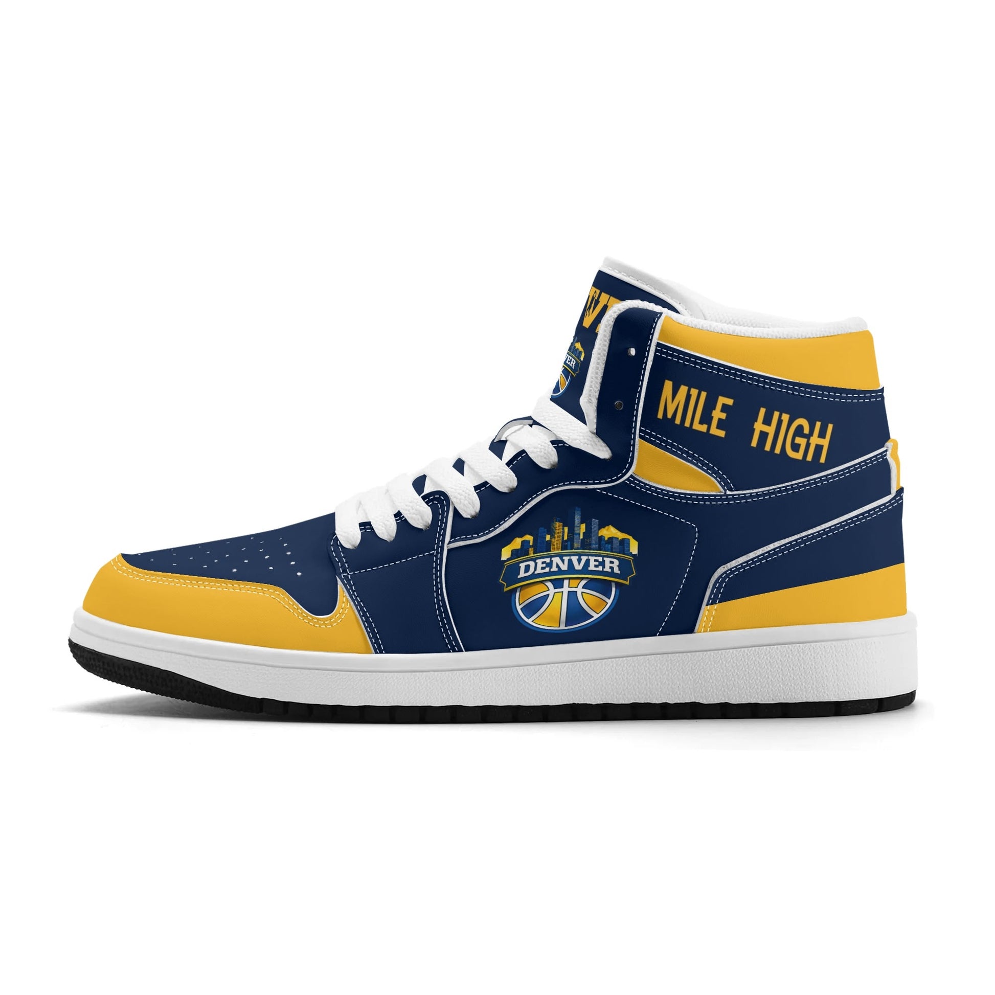 Denver basketball-inspired high top sneakers in navy with all-over city graphic printed upper