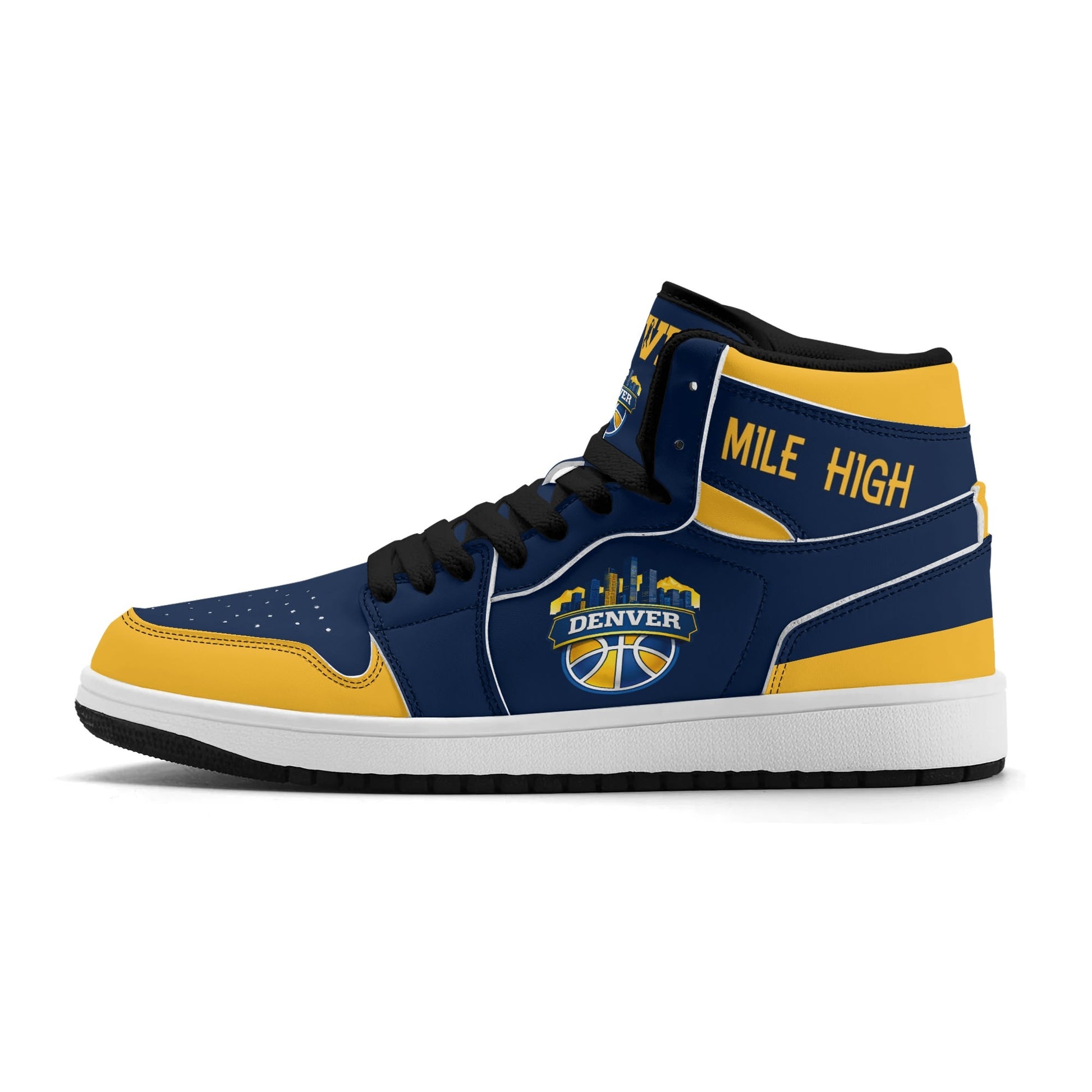 Denver basketball-inspired high top sneakers in navy with all-over city graphic printed upper