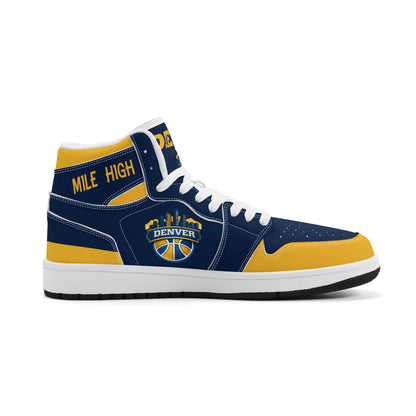 Denver basketball-inspired high top sneakers in navy with all-over city graphic printed upper