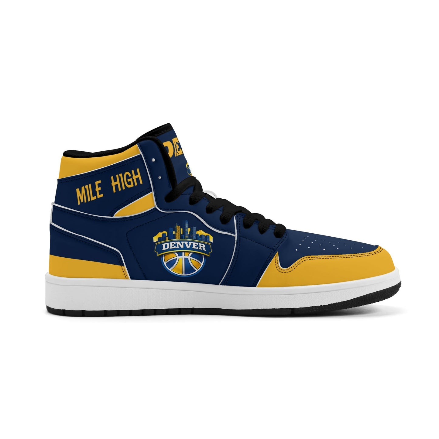 Denver basketball-inspired high top sneakers in navy with all-over city graphic printed upper
