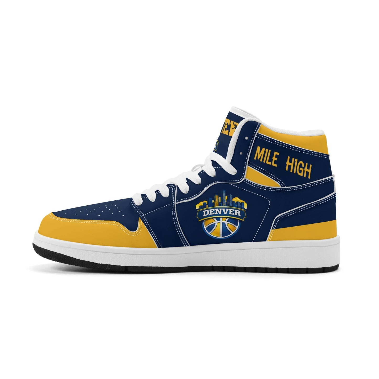 Denver basketball-inspired high top sneakers in navy with all-over city graphic printed upper