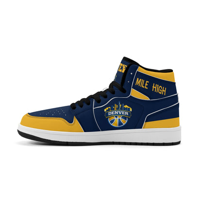 Denver basketball-inspired high top sneakers in navy with all-over city graphic printed upper
