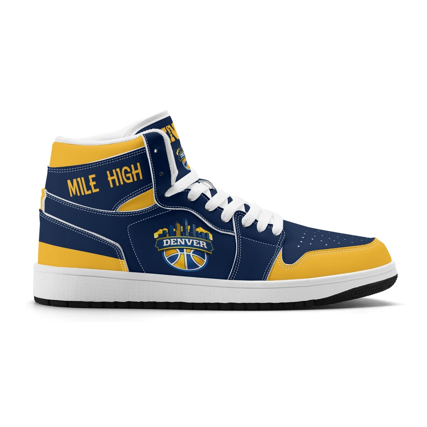 Denver basketball-inspired high top sneakers in navy with all-over city graphic printed upper