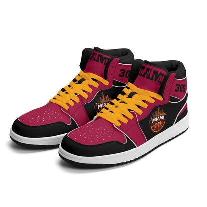 Miami basketball-inspired high top sneakers in red with all-over city graphic printed upper