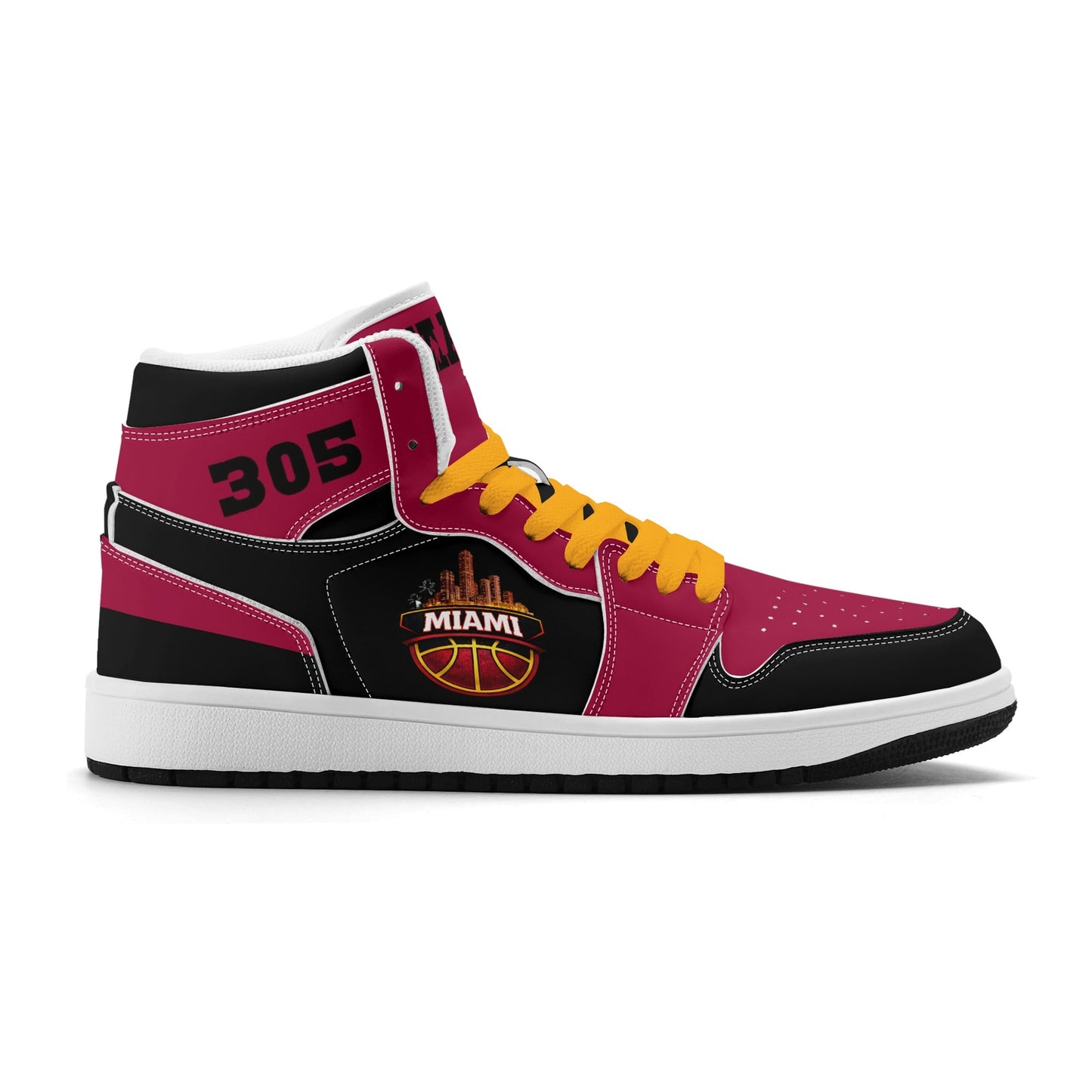 Miami basketball-inspired high top sneakers in red with all-over city graphic printed upper