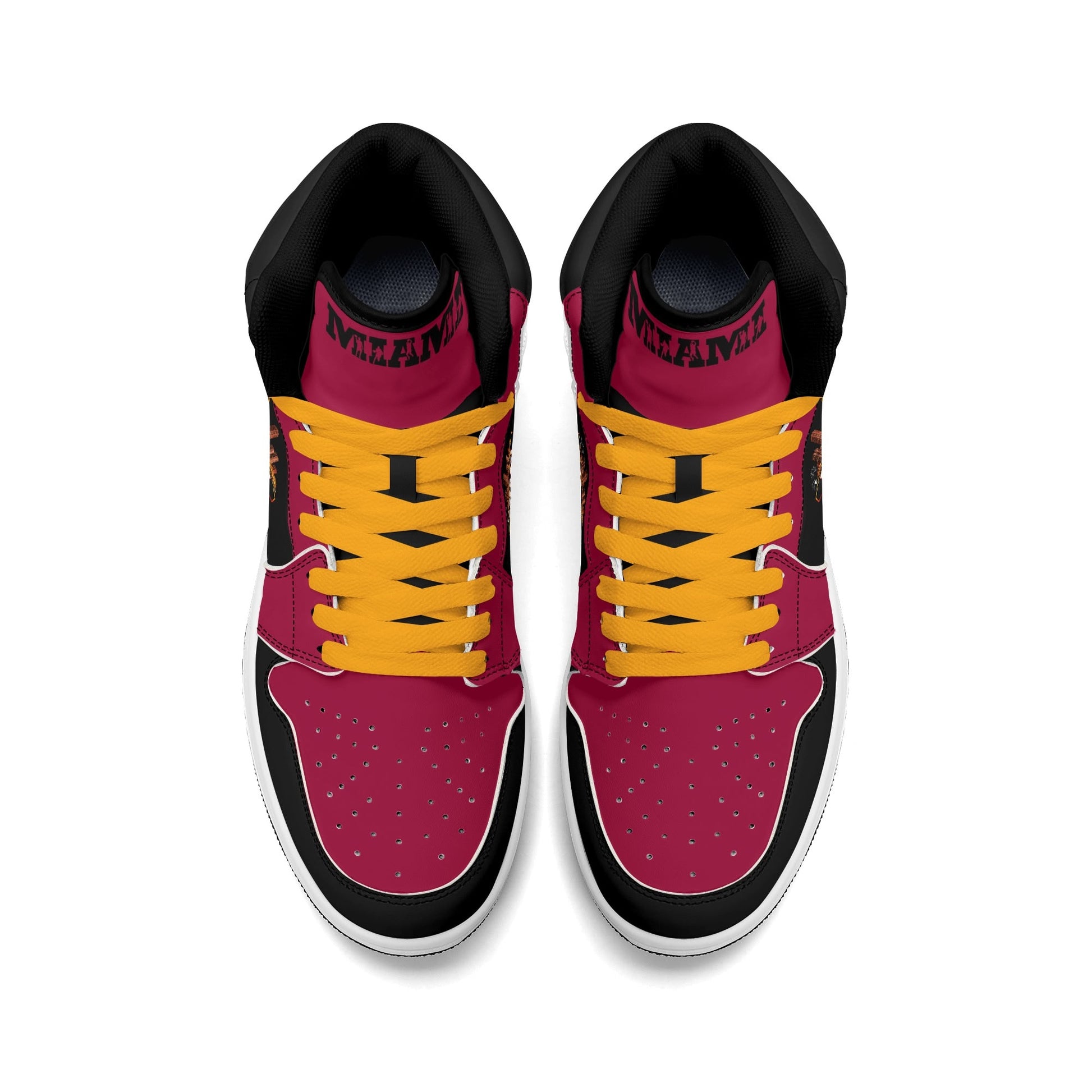 Miami basketball-inspired high top sneakers in red with all-over city graphic printed upper