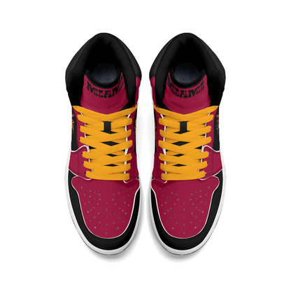 Miami basketball-inspired high top sneakers in red with all-over city graphic printed upper