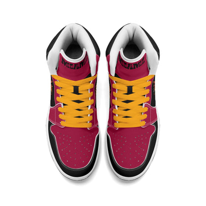 Miami basketball-inspired high top sneakers in red with all-over city graphic printed upper