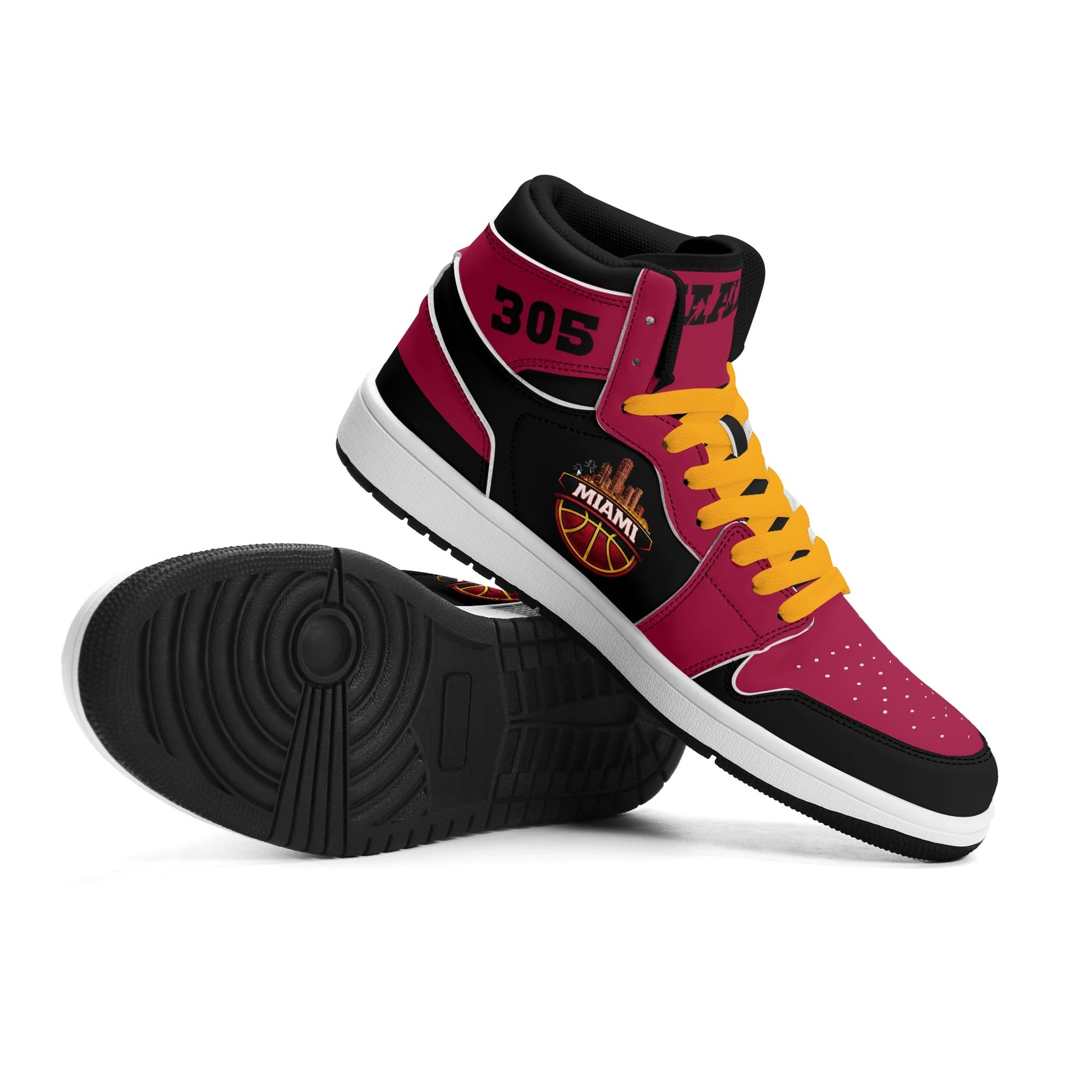 Miami basketball-inspired high top sneakers in red with all-over city graphic printed upper