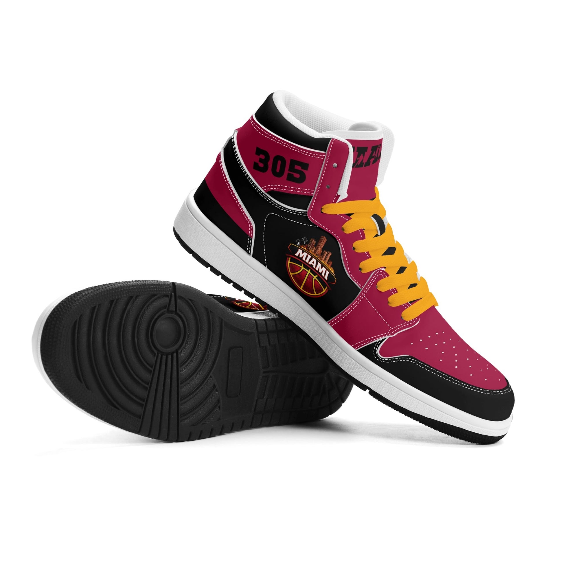 Miami basketball-inspired high top sneakers in red with all-over city graphic printed upper