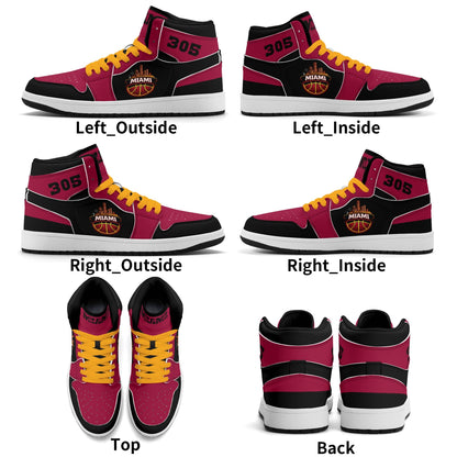 Miami basketball-inspired high top sneakers in red with all-over city graphic printed upper