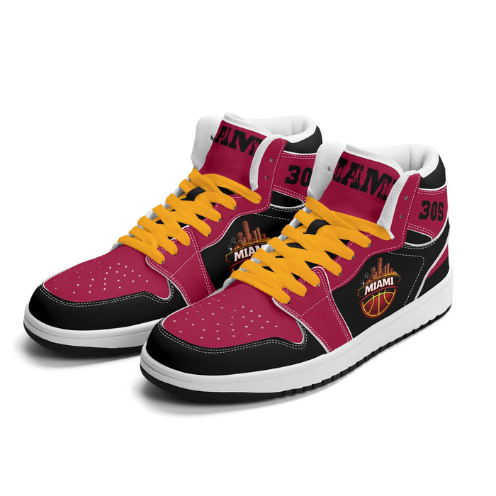 Miami basketball Jamrock High top sneakers in magenta and black with 305 quarter, orange laces and MIAMI skyline badge