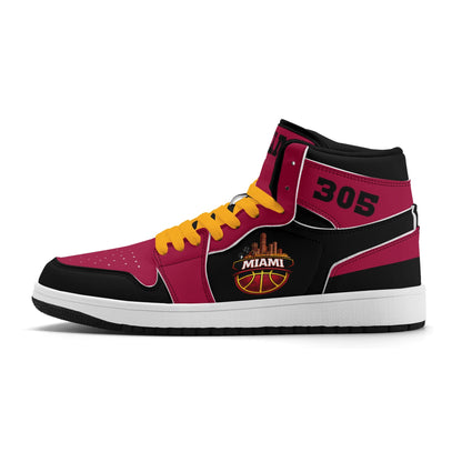 Miami basketball-inspired high top sneakers in red with all-over city graphic printed upper