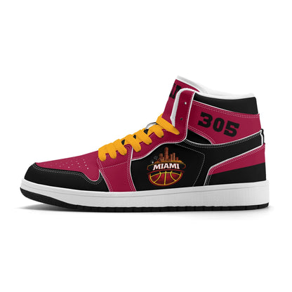 Miami basketball-inspired high top sneakers in red with all-over city graphic printed upper