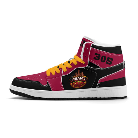 Miami basketball-inspired high top sneakers in red with all-over city graphic printed upper