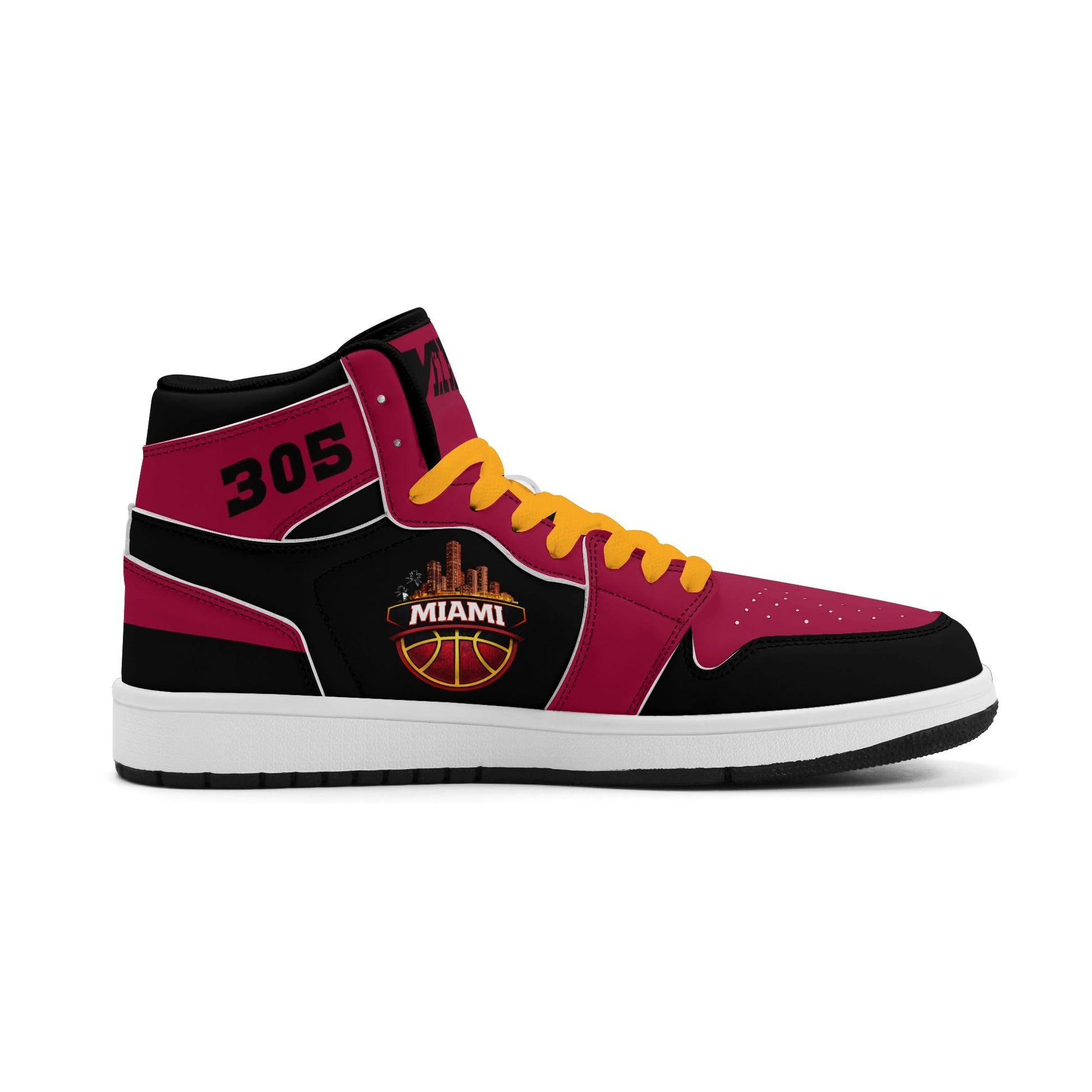 Miami basketball-inspired high top sneakers in red with all-over city graphic printed upper