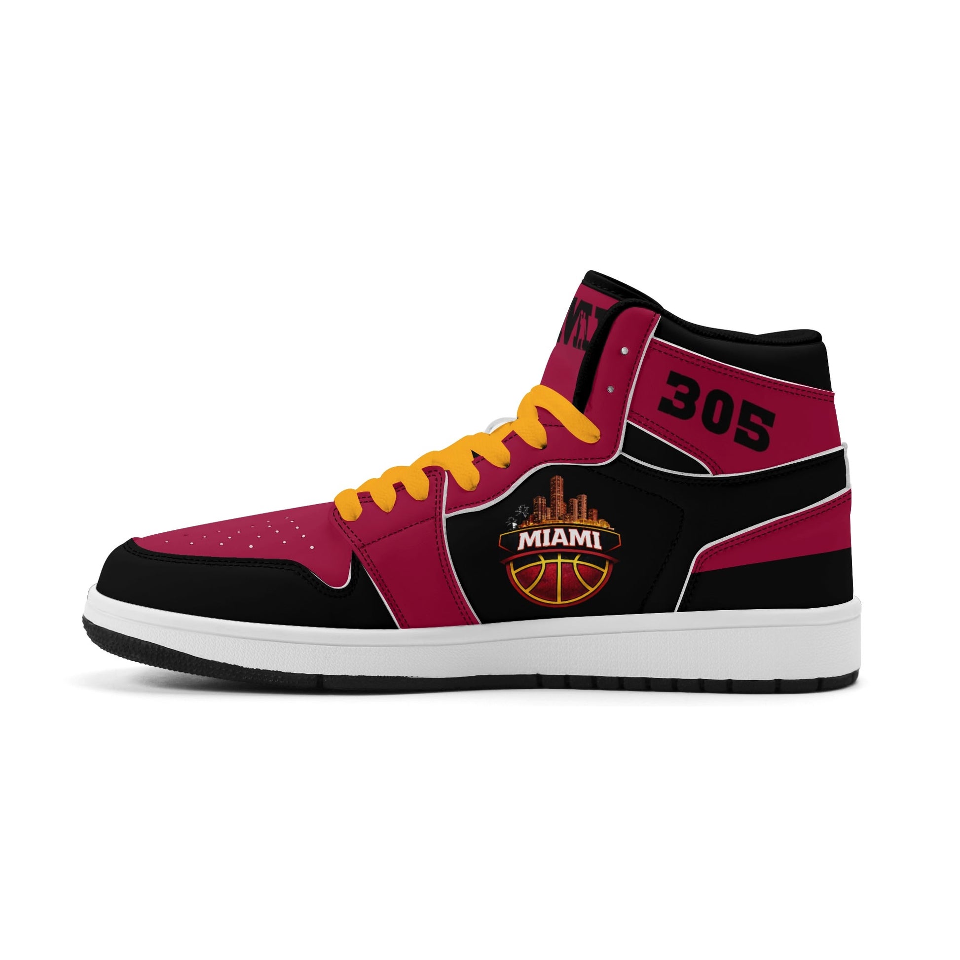 Miami basketball-inspired high top sneakers in red with all-over city graphic printed upper