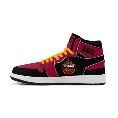 Miami basketball-inspired high top sneakers in red with all-over city graphic printed upper