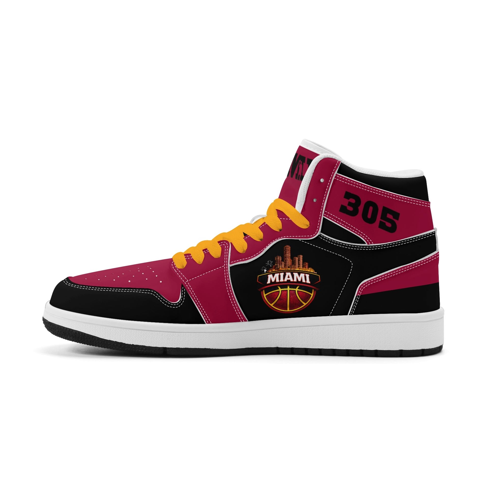 Miami basketball-inspired high top sneakers in red with all-over city graphic printed upper