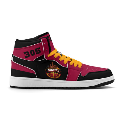 Miami basketball-inspired high top sneakers in red with all-over city graphic printed upper