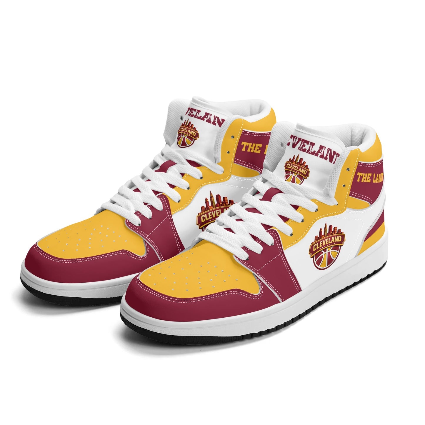 Cleveland basketball-inspired high top sneakers in white with all-over city graphic printed upper