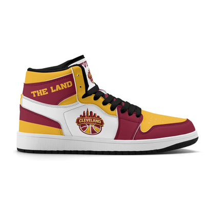 Cleveland basketball-inspired high top sneakers in white with all-over city graphic printed upper