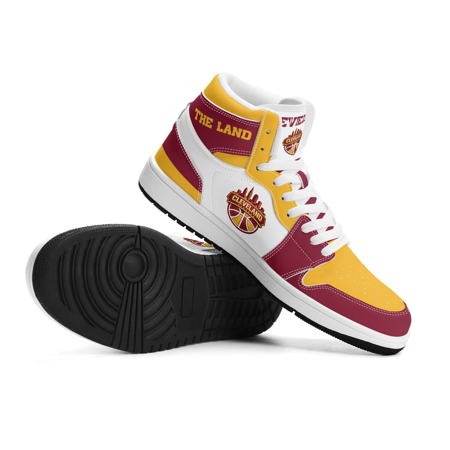 Cleveland basketball-inspired high top sneakers in white with all-over city graphic printed upper