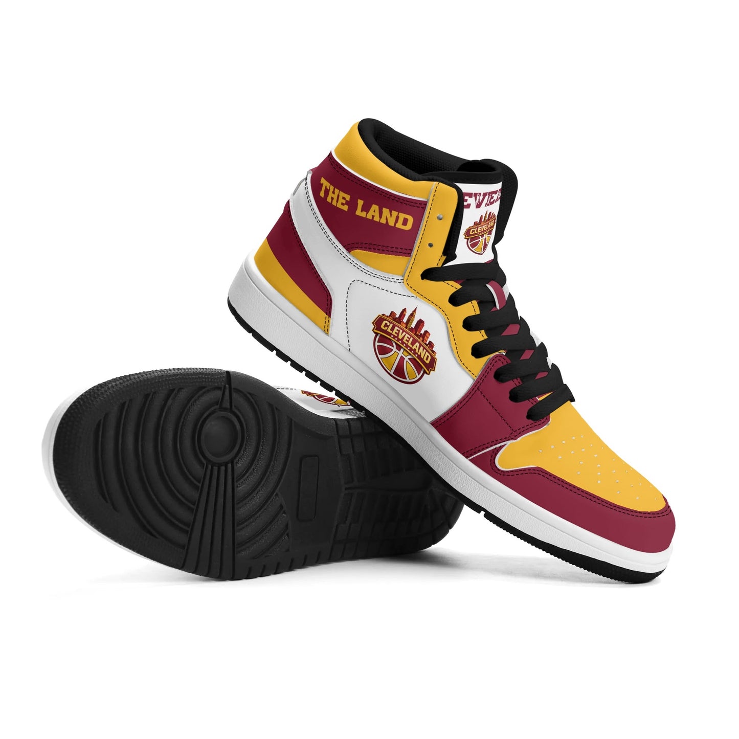 Cleveland basketball-inspired high top sneakers in white with all-over city graphic printed upper