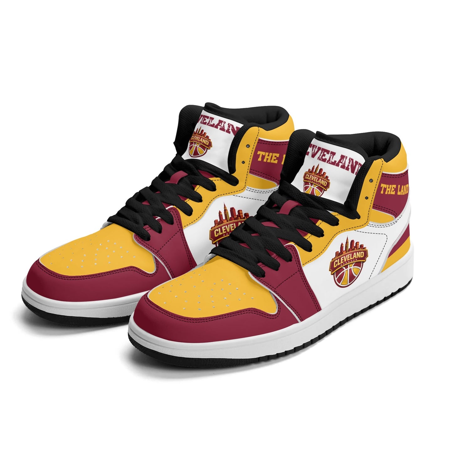 Cleveland basketball-inspired high top sneakers in white with all-over city graphic printed upper