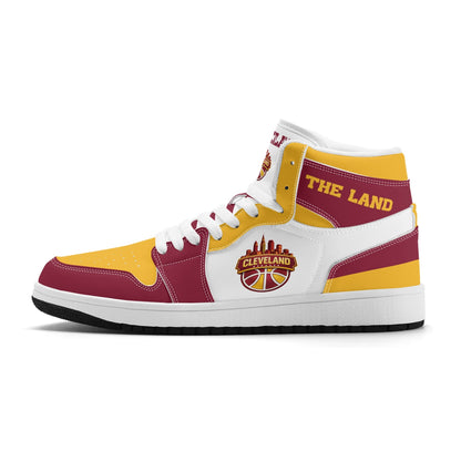 Cleveland basketball-inspired high top sneakers in white with all-over city graphic printed upper