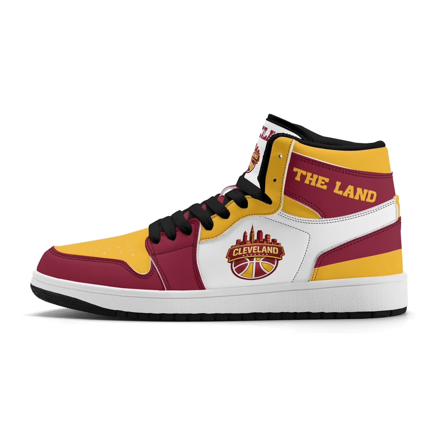 Cleveland basketball-inspired high top sneakers in white with all-over city graphic printed upper
