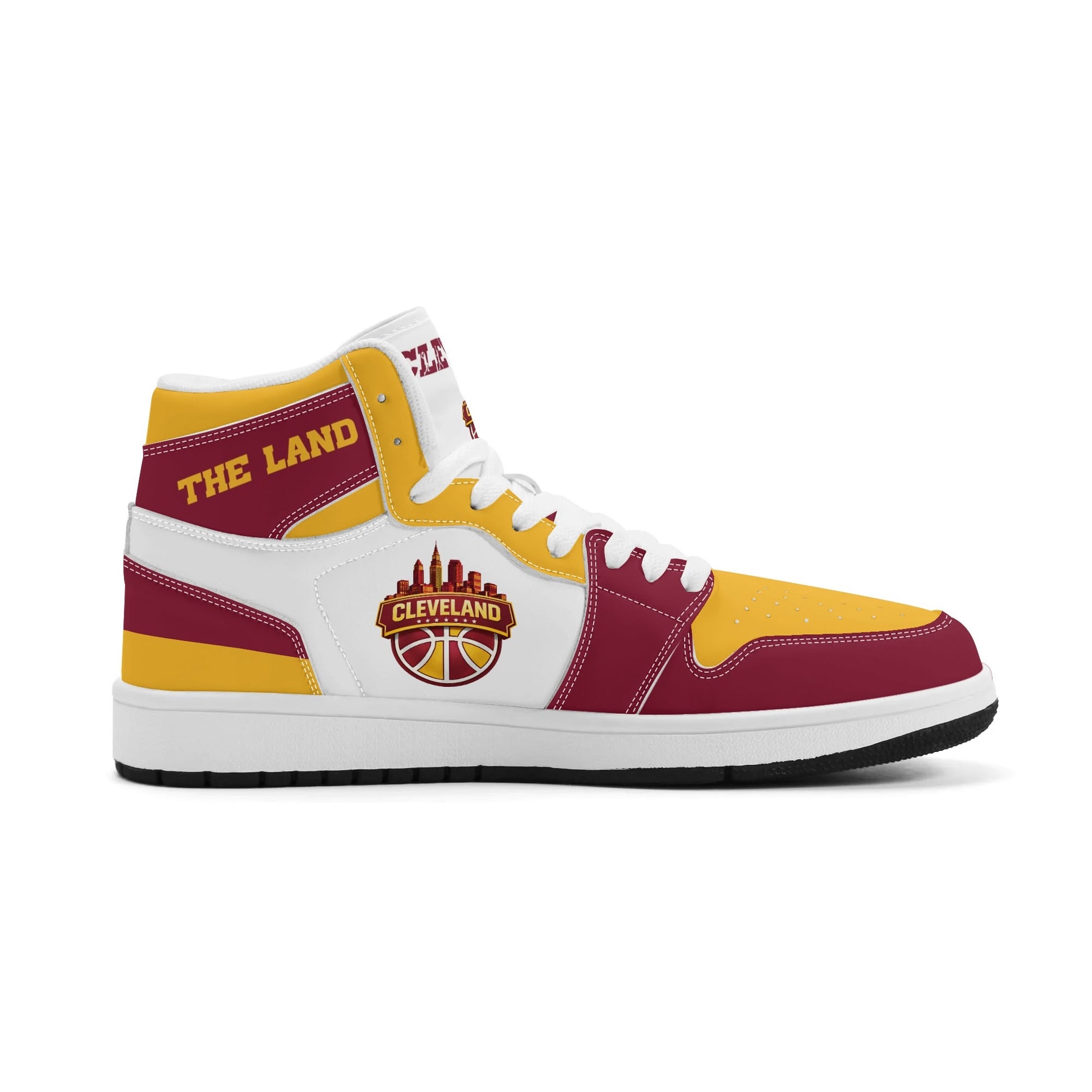 Cleveland basketball-inspired high top sneakers in white with all-over city graphic printed upper
