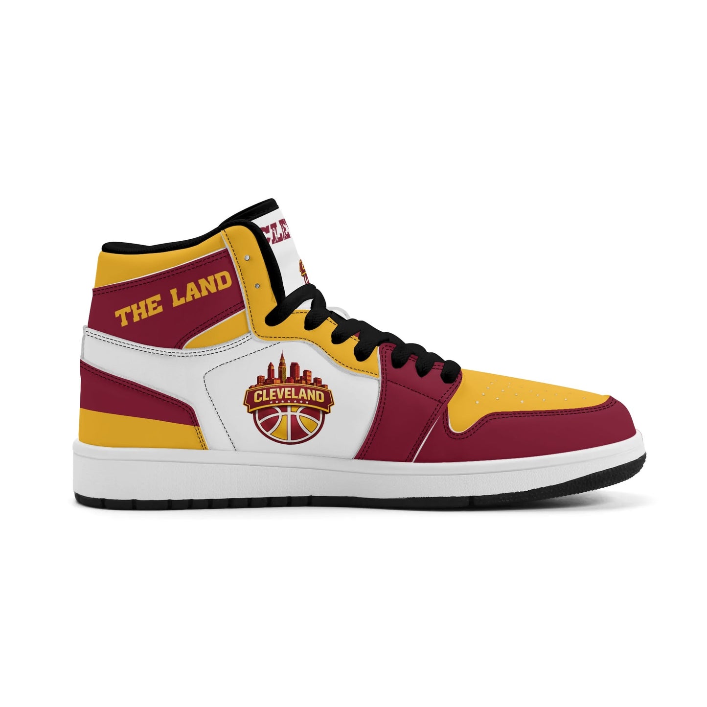 Cleveland basketball-inspired high top sneakers in white with all-over city graphic printed upper