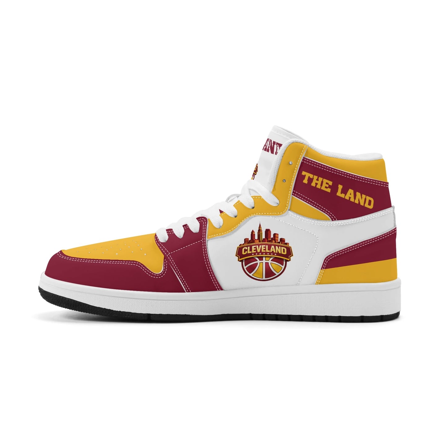 Cleveland basketball-inspired high top sneakers in white with all-over city graphic printed upper