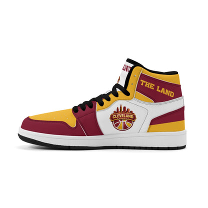 Cleveland basketball-inspired high top sneakers in white with all-over city graphic printed upper