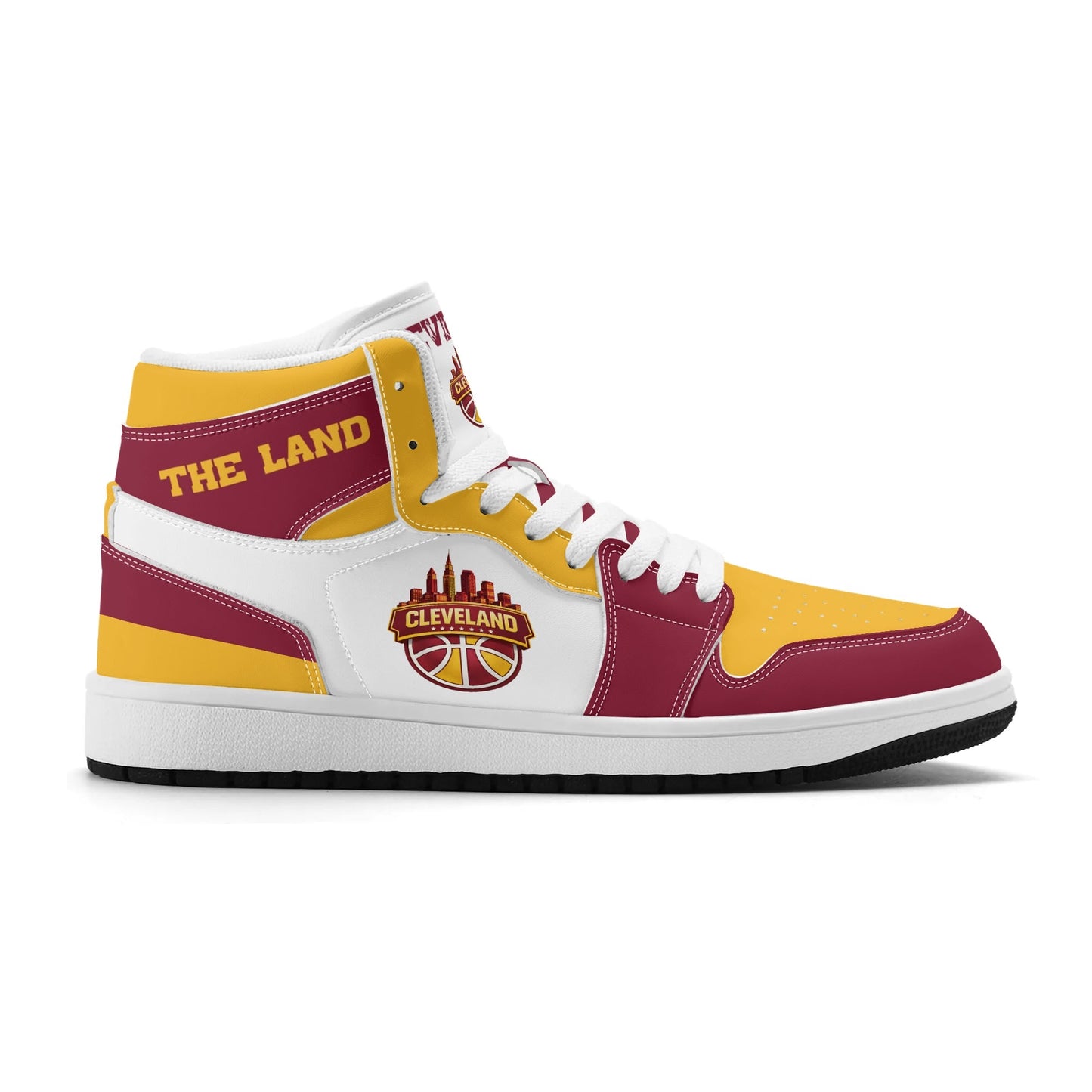 Cleveland basketball-inspired high top sneakers in white with all-over city graphic printed upper
