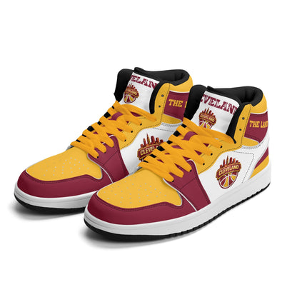 Cleveland basketball-inspired high top sneakers in white with all-over city graphic printed upper