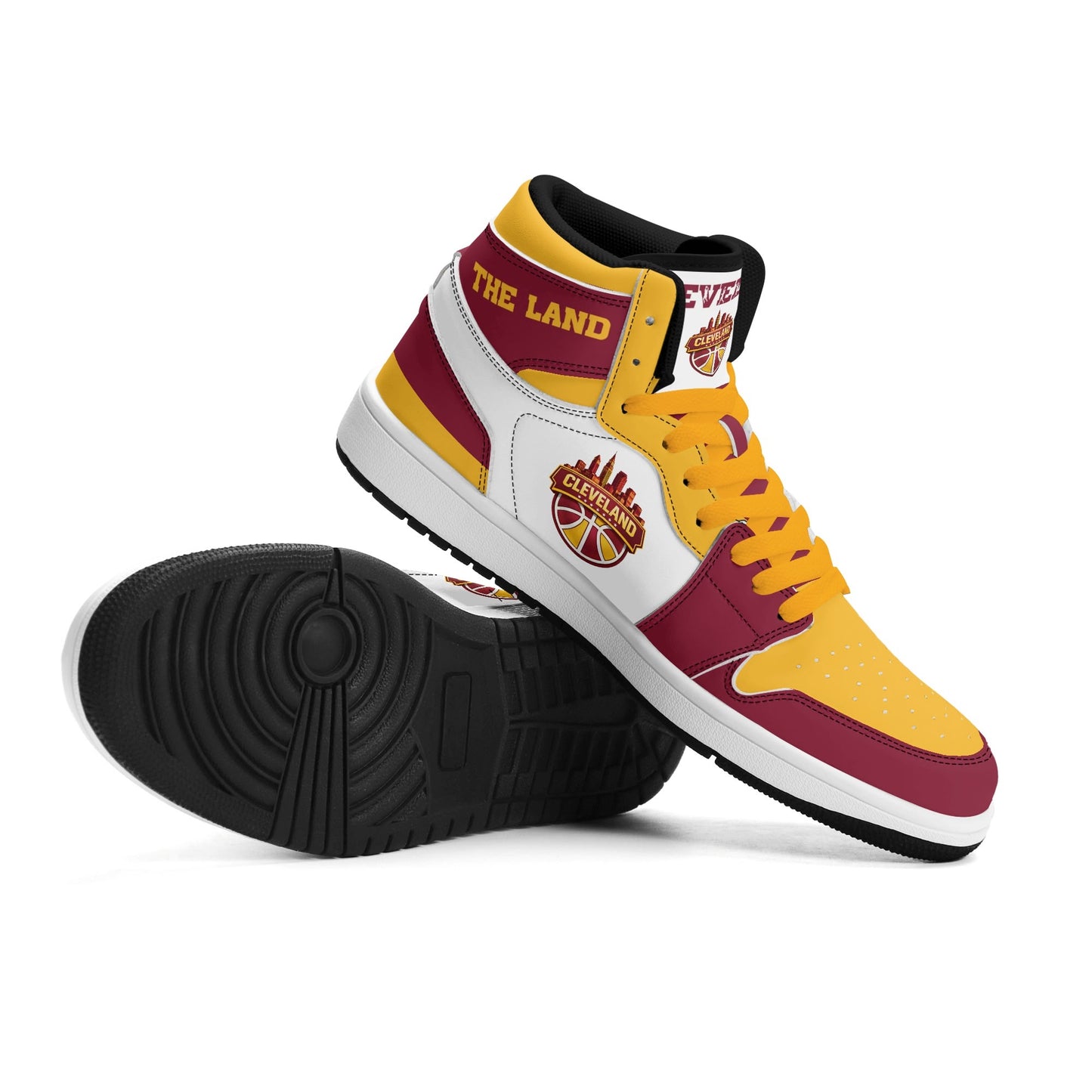 Cleveland basketball-inspired high top sneakers in white with all-over city graphic printed upper