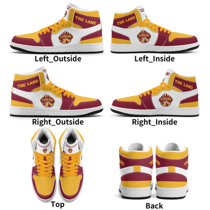 Cleveland basketball-inspired high top sneakers in white with all-over city graphic printed upper