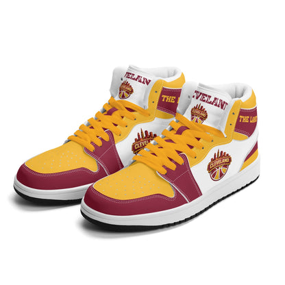 Cleveland basketball-inspired high top sneakers in white with all-over city graphic printed upper