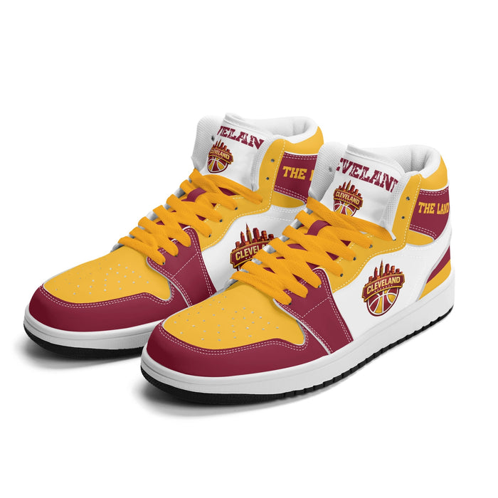 Cleveland basketball Jamrock High top sneakers in white, wine and gold with THE LAND collar and CLEVELAND skyline badge
