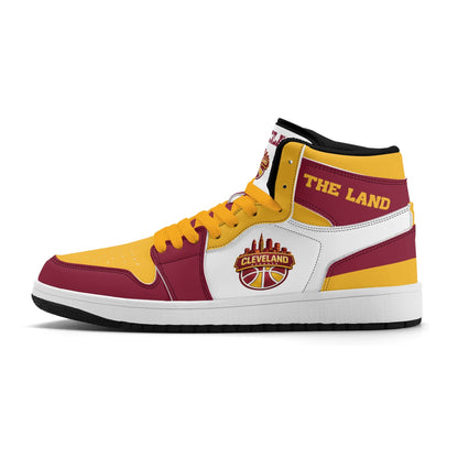 Cleveland basketball-inspired high top sneakers in white with all-over city graphic printed upper