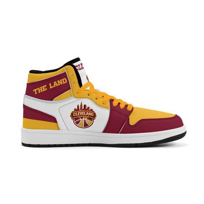 Cleveland basketball-inspired high top sneakers in white with all-over city graphic printed upper